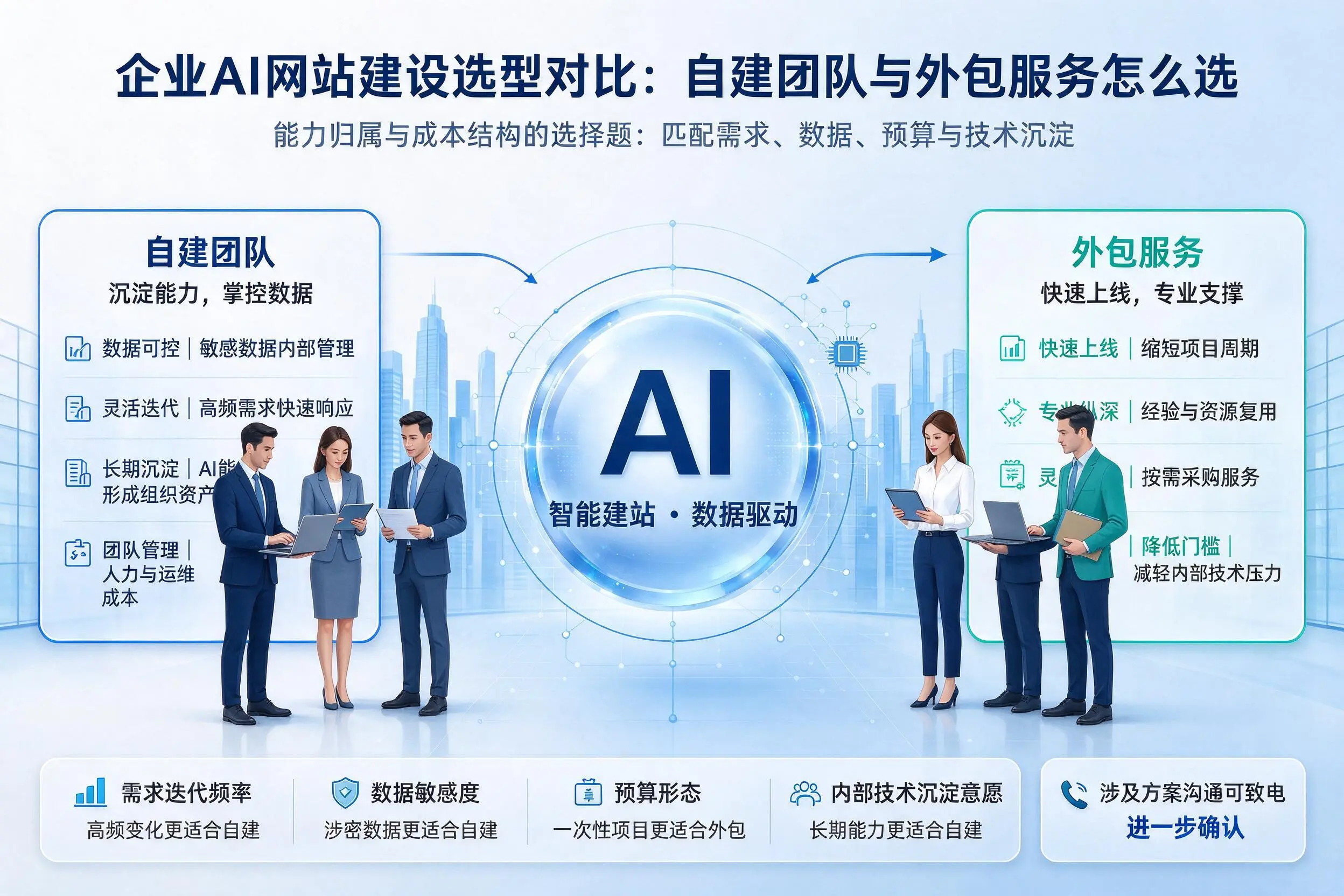 青岛企业AI网站建设选型对比:自建团队与外包服务怎么选